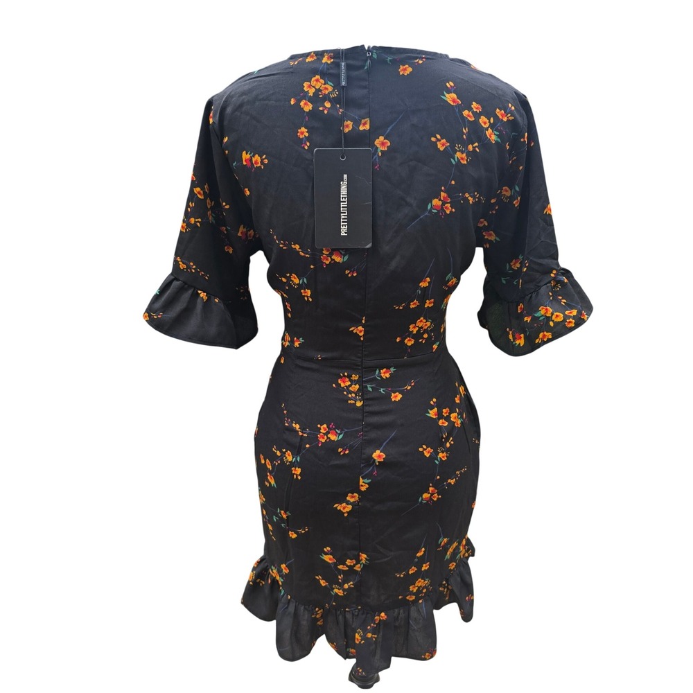 PrettyLittleThing NWT Black Floral Corset Swing Dress Mini Ruffle Sleeve Size 6 - Picture 6 of 12